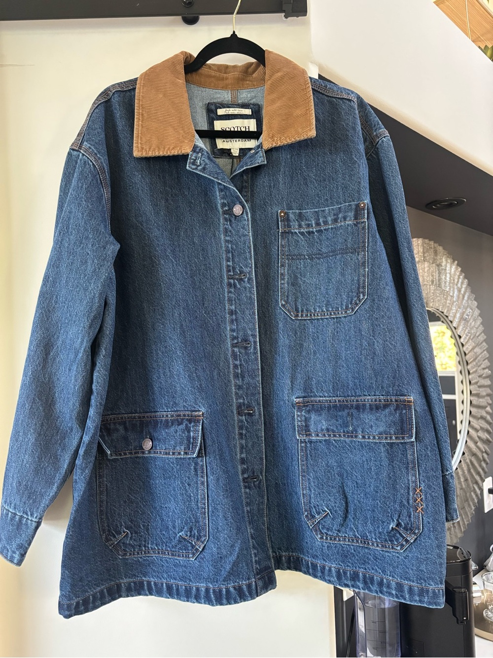 Scotch & Soda Blue Barn Jacket Denim Jacket with Tan Corduroy Collar